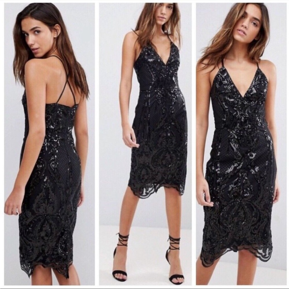 NWT Chi Chi London Margot Dress UK 12 Black Sequin Midi Cocktail Formal BlackTie